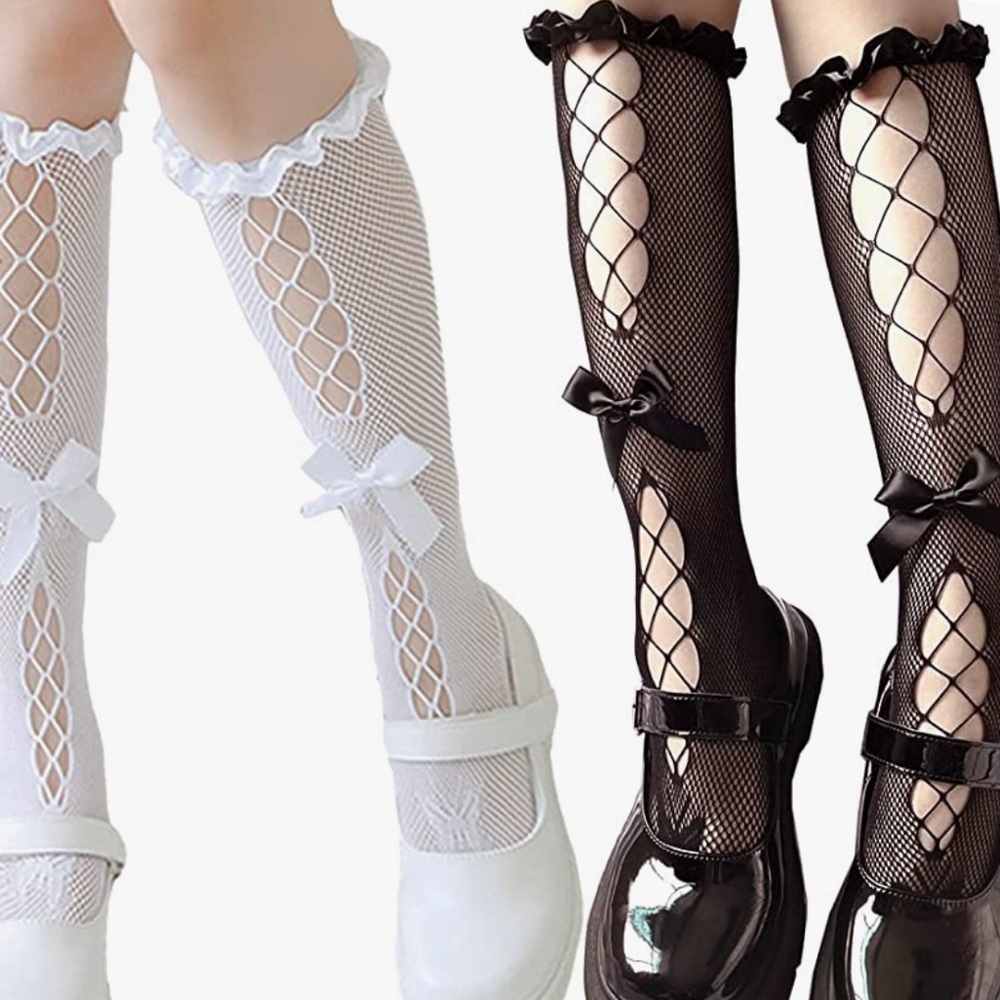 Black white fishnet ruffle bow corset socks set knee gothic Lolita dollbaby sexy